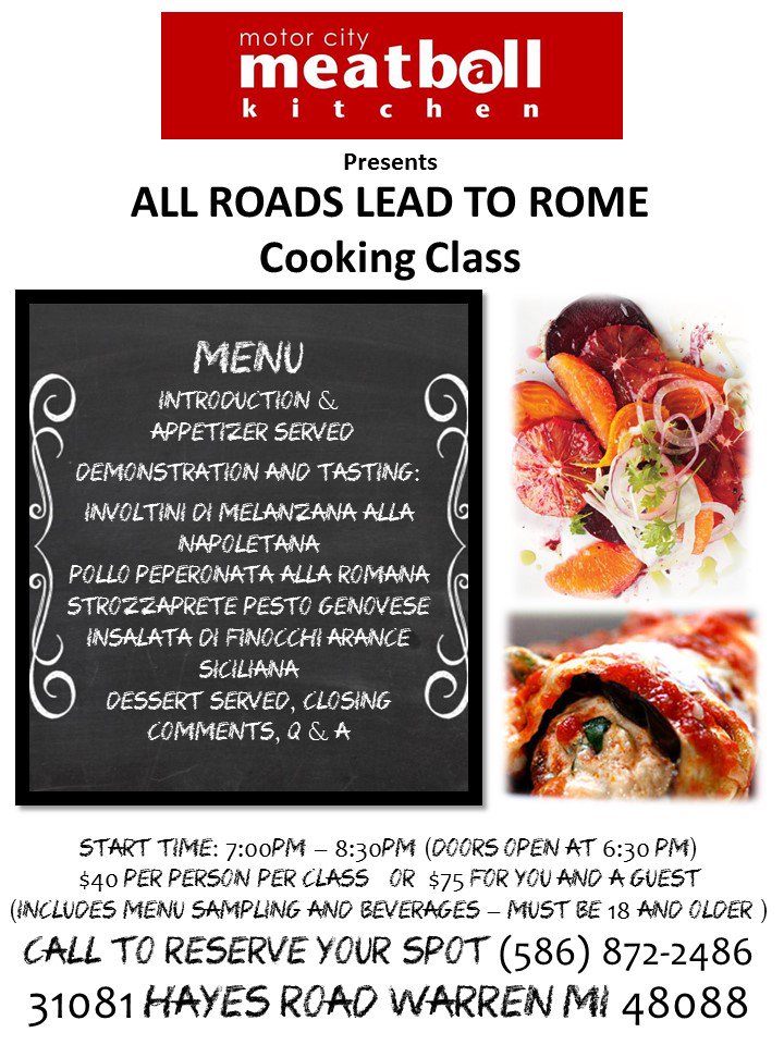 MCMeatballKitch's tweet photo. All Roads Lead To Rome Cooking Demonstration and Tasting! RSVP (586) 872-2486 #heatingthingsupinourkitchen https://t.co/4ouihPgA7R