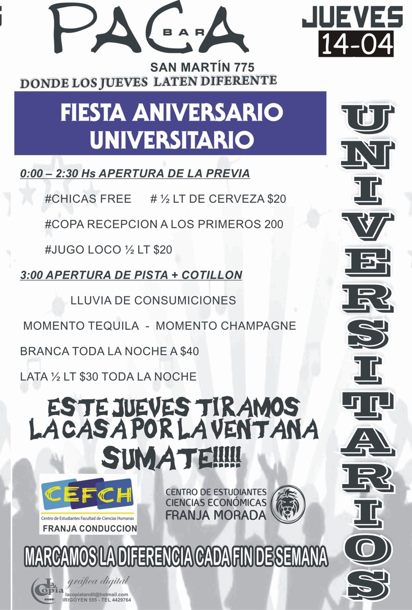 ArielLazzarini1's tweet photo. #Noche #Universitaria #Fiesta #Aniversario @JuevesDePaca @PacaBar @FranjaECOtandil @CEfranjamorada https://t.co/SrCRJS7vkD