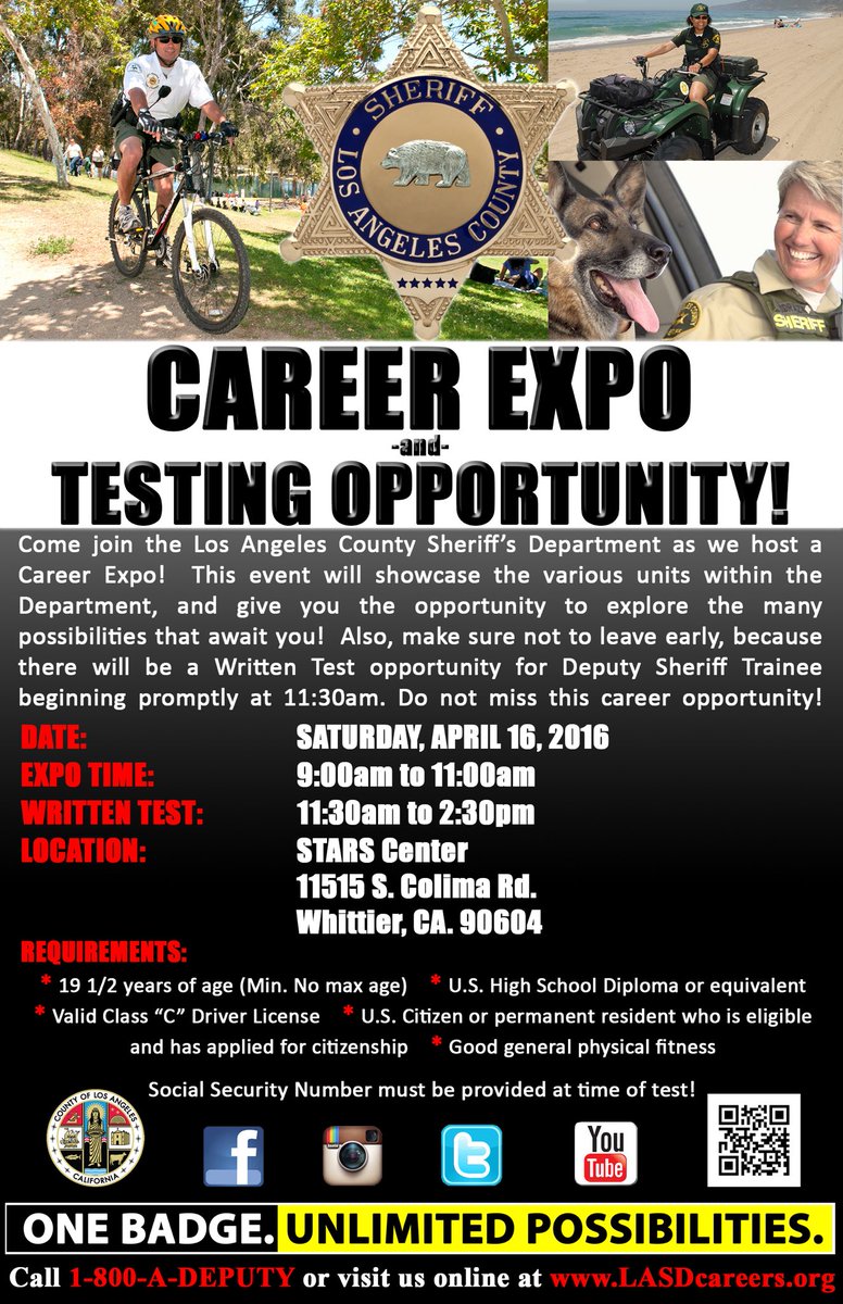 LASD Talk (@lasdtalk) on Twitter photo Career Expo! Unlimited Possibilities!Walk-in exam for Deputy Sheriff Trainee. <a href="/mplasd/">Michael Parker</a> <a href="/lasdhq/">LA County Sheriffs</a> #hiring <a href="/LASDPeter/">Peter Gomez</a> Career Expo! Unlimited Possibilities!Walk-in exam for Deputy Sheriff Trainee. <a href="/mplasd/">Michael Parker</a> <a href="/lasdhq/">LA County Sheriffs</a> #hiring <a href="/LASDPeter/">Peter Gomez</a>
