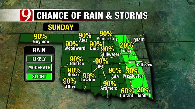 tornadopayne's tweet image. Sunday looking wet for most.  Heavy rain possible.  Low threat for severe storms.  @NEWS9  #okwx