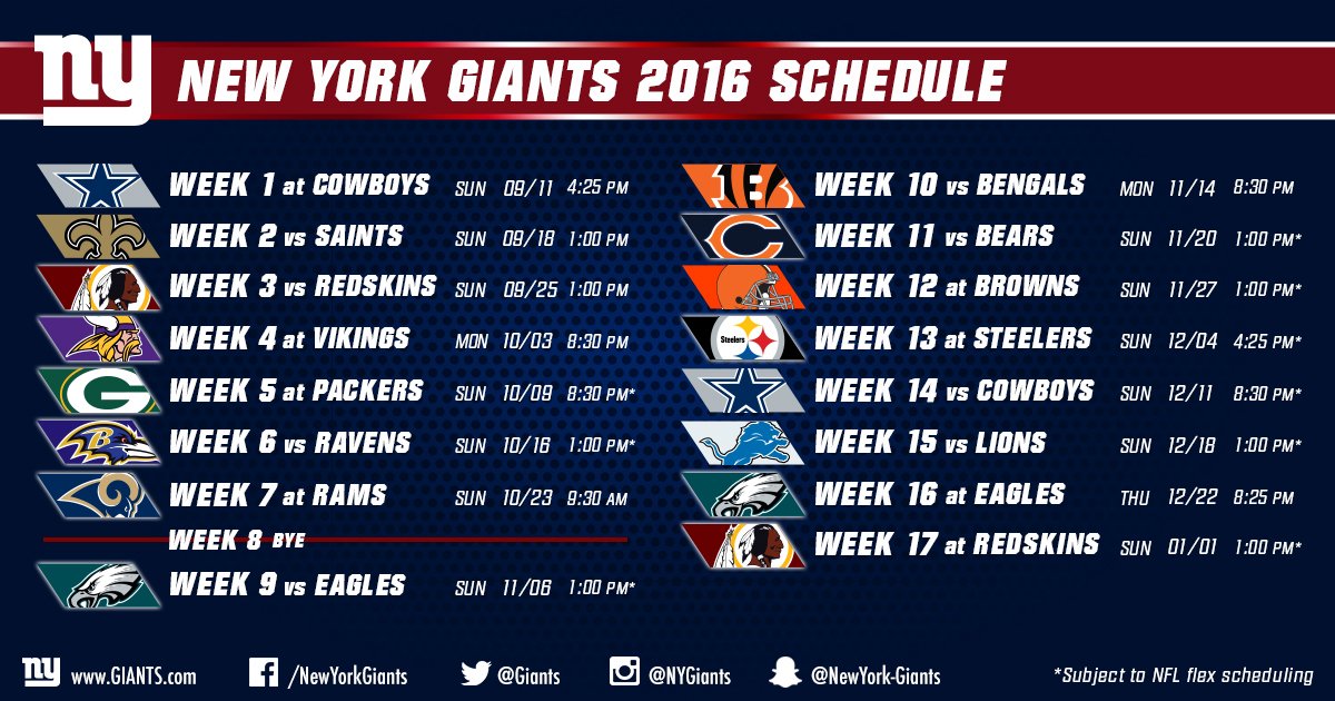 New York Giants 2016 NFL Schedule Big Blue Interactive
