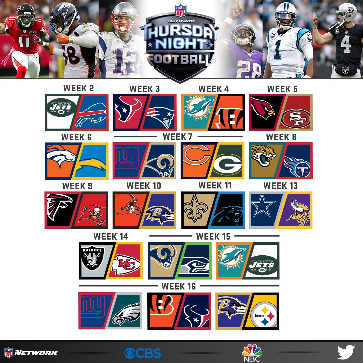 NFL Media på X: '2016 THURSDAY NIGHT FOOTBALL BROADCAST SCHEDULE ANNOUNCED    / X