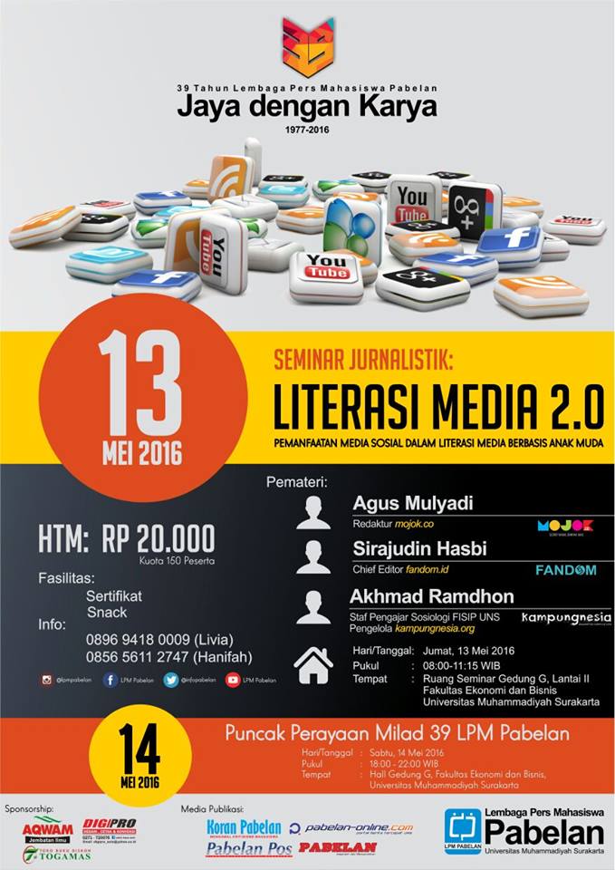 #SEMINAR Literasi 2.0
Segera dapatkan tiketnya. CP: 0856 5611 2747
<a href="/BEMUMS/">BEM UMS</a> <a href="/BEMPsiUMS/">BEM F Psikologi UMS</a> @BEMFeb_UMS <a href="/BEMFKUMS/">BEM FK UMS</a>