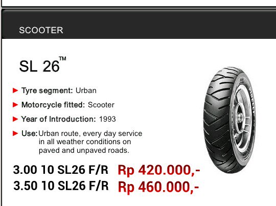 Ban PIRELLI
Ring 10 tipe SL26
Untuk Piaggio Vespa New PX 150