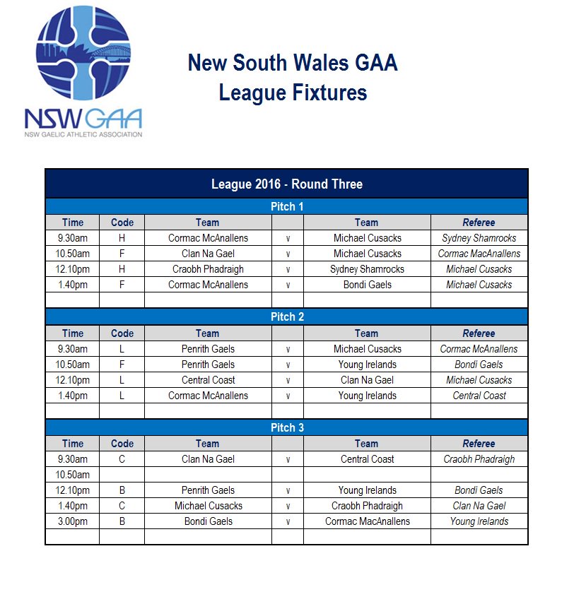 This weekends fixtures for Round 3 of the #NSWGAALeague. Games starting from 9.30am #SeasonOfSundays @AustralasiaGAA