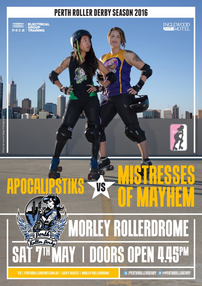 PerthRollaDerby's tweet photo. More derby! Soon! It's Apocalipstiks vs Mistresses of Mayhem. It all happens May 7- be there! #WhatsOnPerth https://t.co/dB9q8WRElF