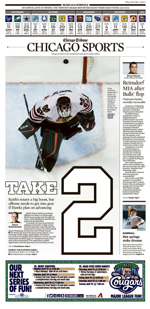 JJoelBoyd's tweet photo. Friday's @chicagotribune sports cover: @steverosenbloom on Hawks, @DavidHaugh on Bulls and #NFLScheduleRelease . https://t.co/lcENQD07nv
