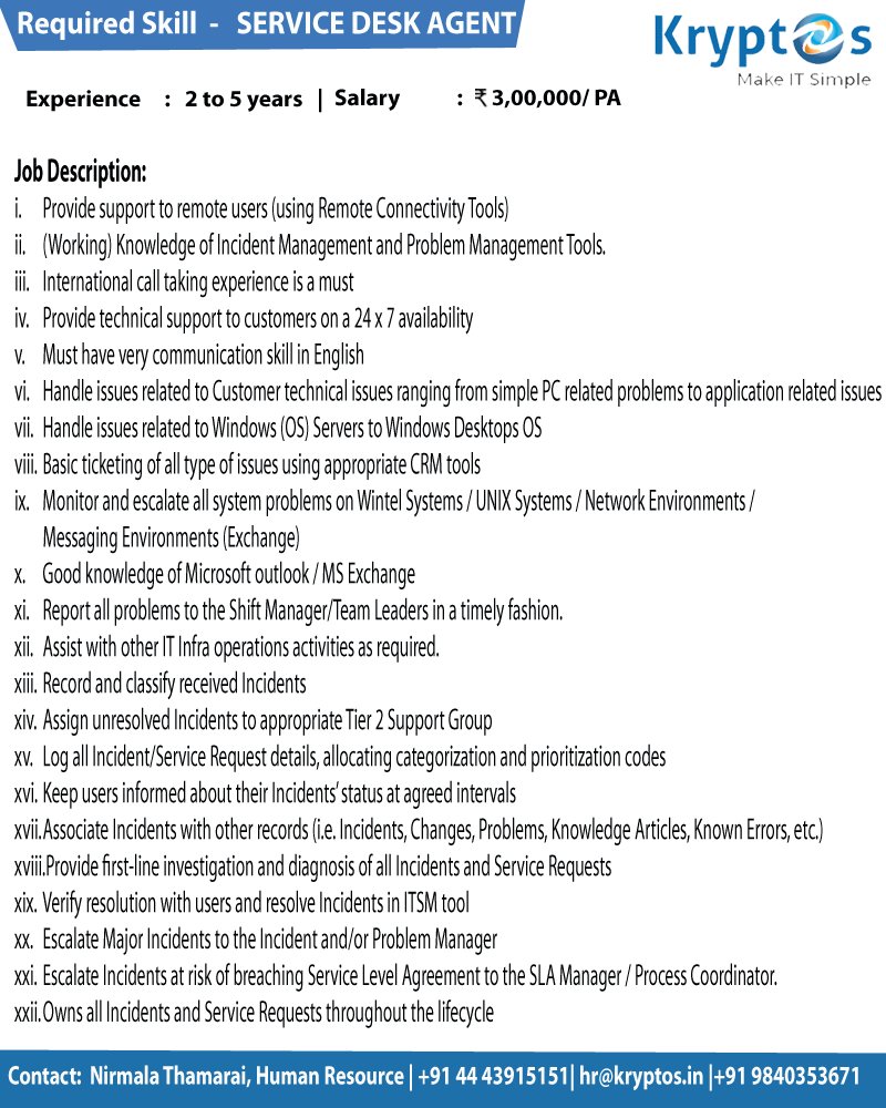 Kryptos Technologies On Twitter Required Skill Service Desk