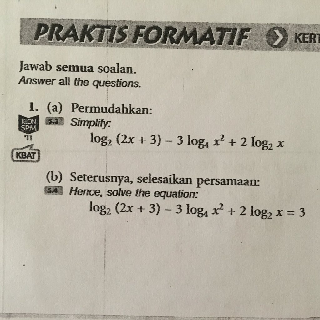 mathness49's tweet image. F4: Logarithms

➡simplify guna rules 1,2&amp;amp;3 (note)
➡solve eq using ☝ &amp;amp; rule 4 (note)

Sebarkan #mathness

Goodluck!
🙋