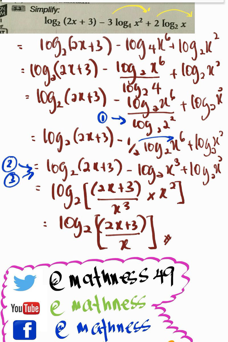 mathness49's tweet image. F4: Logarithms

➡simplify guna rules 1,2&amp;amp;3 (note)
➡solve eq using ☝ &amp;amp; rule 4 (note)

Sebarkan #mathness

Goodluck!
🙋