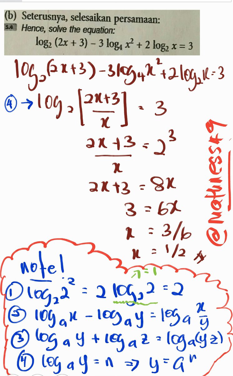 mathness49's tweet image. F4: Logarithms

➡simplify guna rules 1,2&amp;amp;3 (note)
➡solve eq using ☝ &amp;amp; rule 4 (note)

Sebarkan #mathness

Goodluck!
🙋
