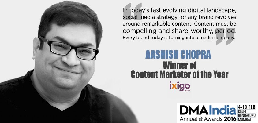 AsiaDma's tweet photo. A well deserved win for @aashishc at the #DMAAnnual awards this year! Read more, https://t.co/V4a7MvQuAX @ixigo https://t.co/vOGtDXY6mE
