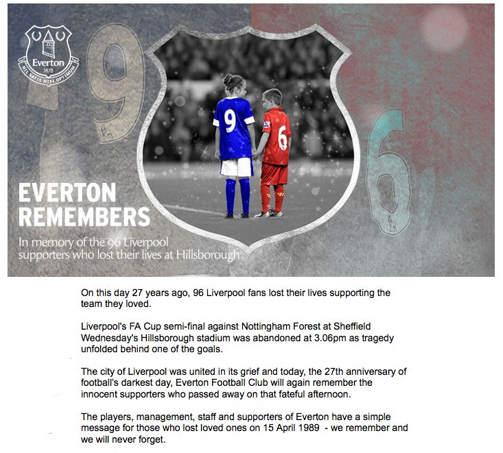 Everton's tweet photo. Our thoughts today are with families of the 96 Liverpool fans on the 27th anniversary of the #Hillsborough disaster. https://t.co/vrv73XuAPc