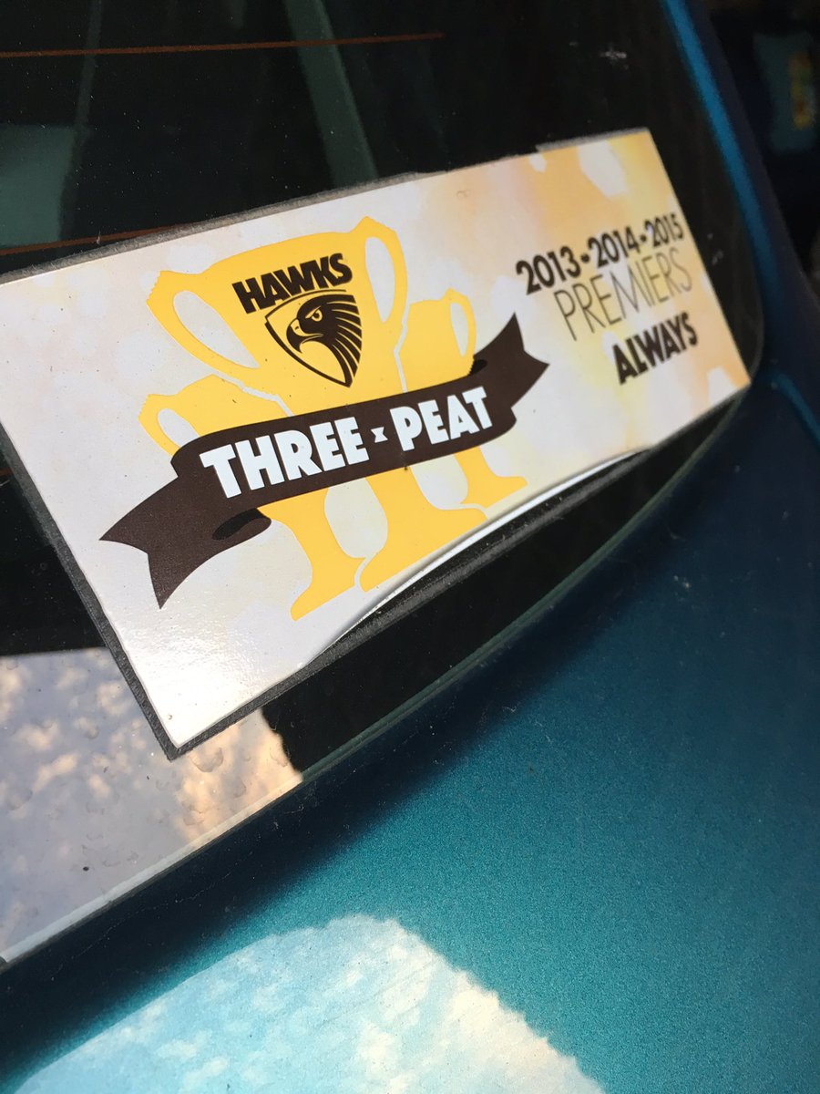 empem24's tweet photo. This years @HawthornFC membership and three-peat sticker are already starting to peel off my car 😔 @HawksMembership https://t.co/bNH3jdi5xH