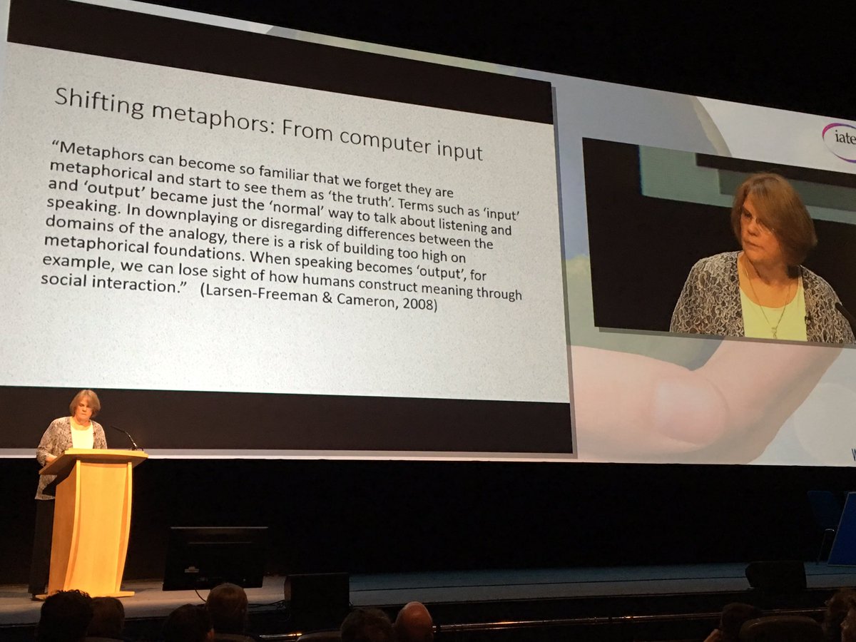 jimscriv's tweet image. "Metaphors can become so familiar that we forget they are metaphors" eg "input" Larsen-Freeman #iatefl