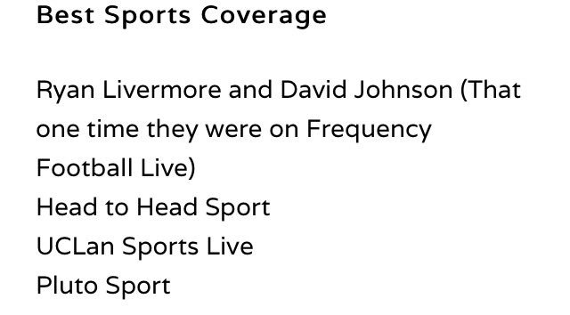 Undoubtedly our favourite nomination is <a href="/Ryan_Livermore/">Ryan Livermore</a> and <a href="/DJ_Ohnson95/">David Johnson</a> for best sports coverage