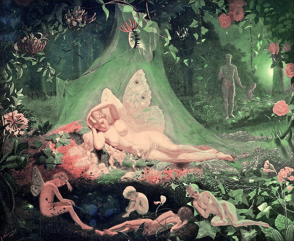 キタ 妖精研究 ジョン シモンズ 13 1876 が描いた妖精の女王ティターニア ヴィクトリア朝時代はヌードを描くことが禁止されていたため シモンズはエロチシズムを美しい妖精画に隠して描くことで 当時イギリスで大変な人気を得ていました
