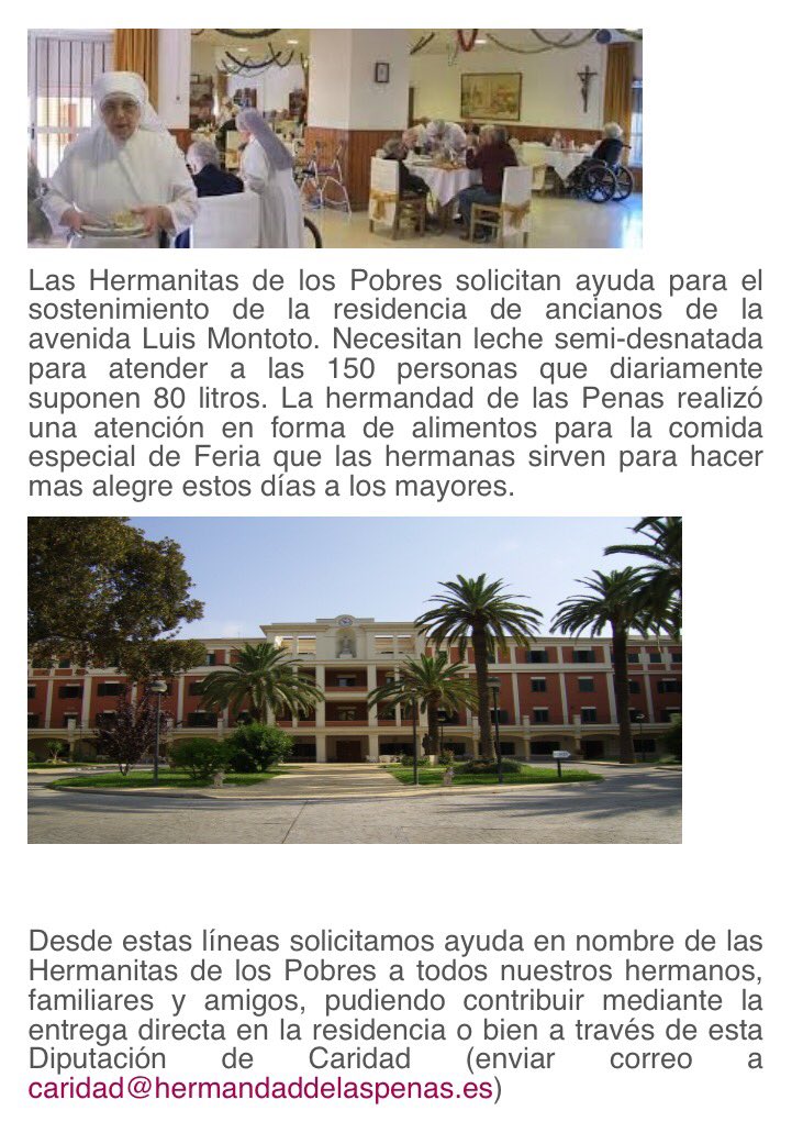 LLAMAMIENTO DE AYUDA PARA LAS HERMANITAS DE LOS POBRES hermandaddelaspenas.es/84-diputacione…