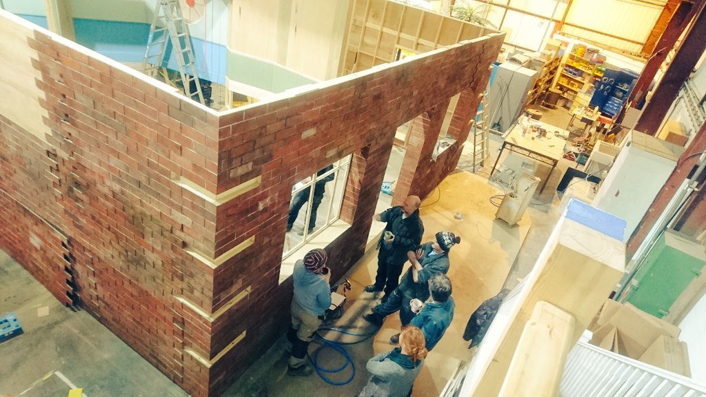 NickWolfenstein's tweet photo. Hard at work @take1scenic #sets #scenery #letstalkaboutsets #carpentry #brewtime https://t.co/1n6IR1nH8f