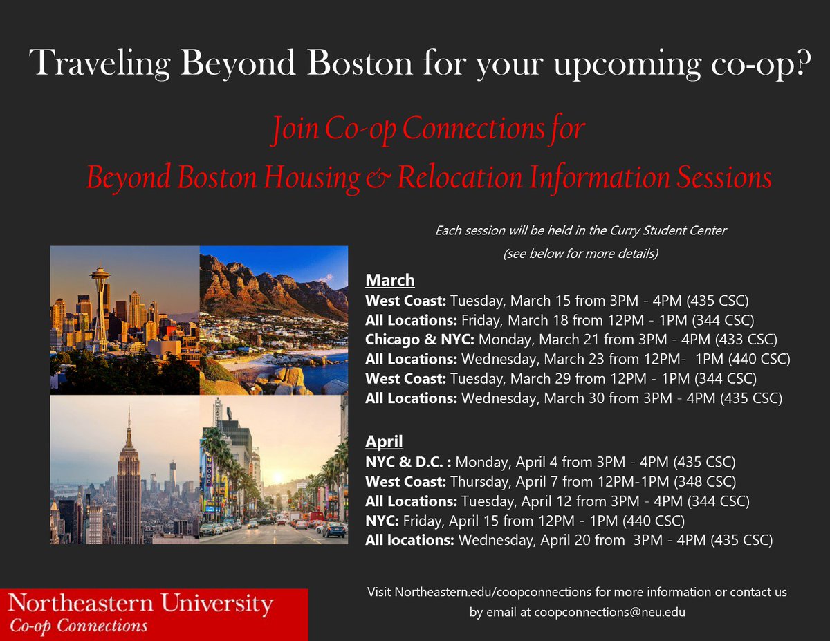 Coop_Connection's tweet photo. Traveling Beyond Boston for co-op?! Attend a Relocation Information session TODAY at 12pm in 440 CSC #Northeastern https://t.co/HWPoelNrYz