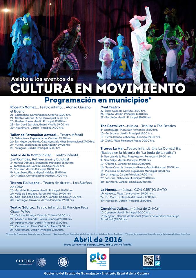 CEARG_Gto's tweet photo. Cartelera de eventos #CulturaEnMoviemiento en todo el estado de #Guanajuato @CulturaGto @IECGuanajuato @GtoTurismo https://t.co/IToQ1ou3cf