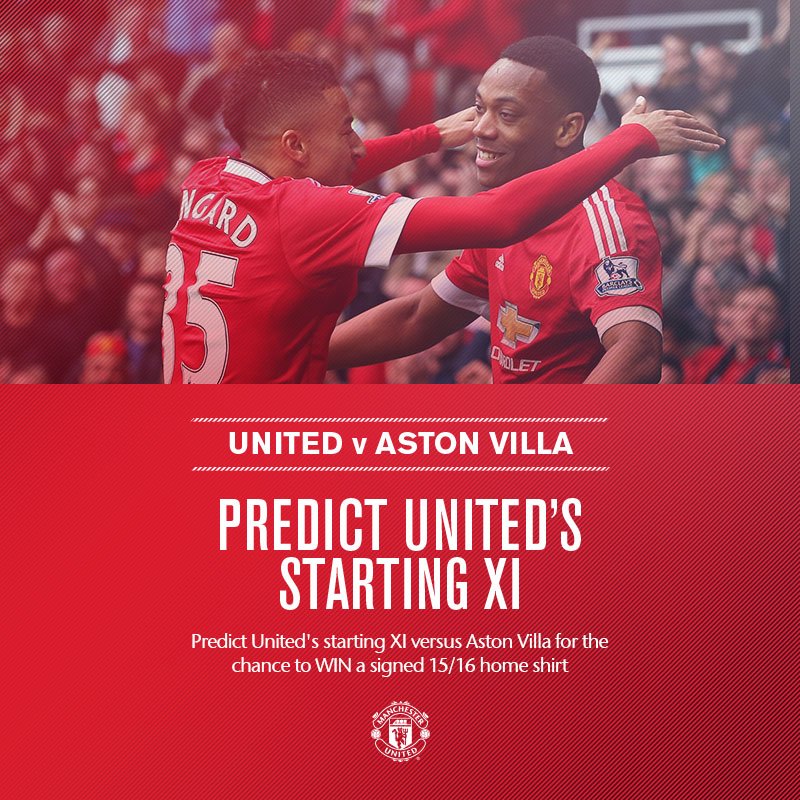 ManUtd's tweet photo. Who will start for #mufc v Aston Villa? Predict the XI for the chance to win a signed shirt: https://t.co/TDpoghdEg0 https://t.co/M9tkGKC4MC