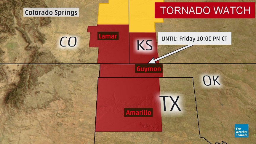 A #tornado watch has been issued until 10 pm CDT for parts of Texas, Oklahoma, Kansas and Colorado.