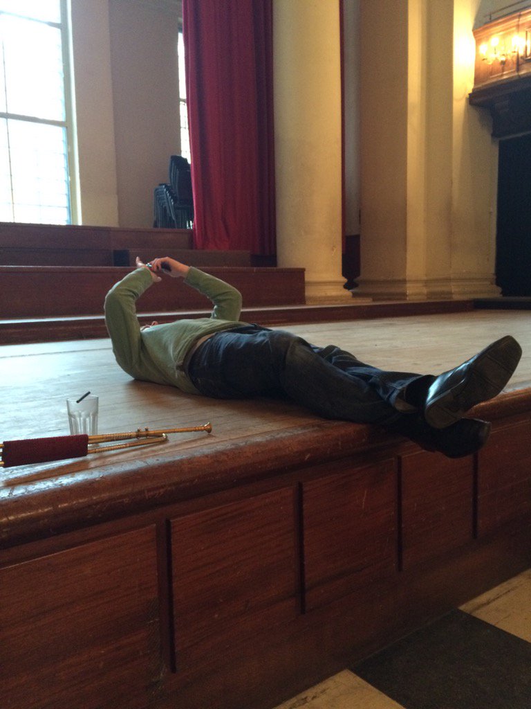 k_p_40's tweet photo. @trumpetruss enjoying some down time during #gutsonly rehearsal. https://t.co/DnuyptkI33