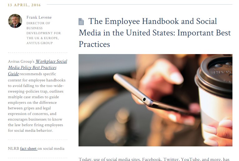 BritViewBlog's tweet photo. New #thoughtleadership from @AvitusGroup on employee handbook #socialmedia best practices https://t.co/4ezBruxk4C https://t.co/9r43jsotvI