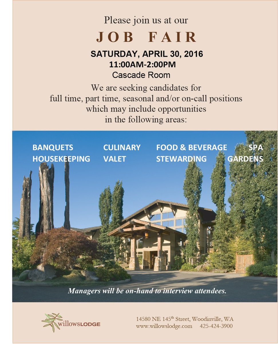 Looking for a job or know someone who is?  We're having a #jobfair on 4/30 from 11AM-2PM <a href="/willowslodge/">Willows Lodge</a>
