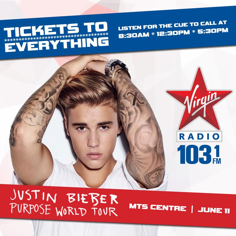 VirginRadioWPG's tweet photo. Alex is winning MAJOR brownie points with his gf. He won tickets for her!! #Tickets2Everything @justinbieber @ 5:30 https://t.co/d0iyPyj4Hh