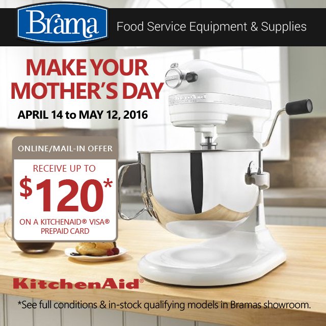 BramaINC's tweet photo. Make Your Mother's Day &amp; Receive up to $120 in a KitchenAaid Prepaid Visa Card - ends May12 https://t.co/hQFUYnEhfq https://t.co/pZv21XMVL3