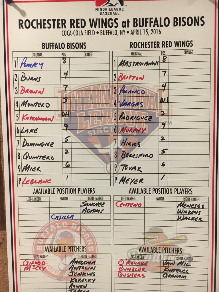 BuffaloBisons's tweet photo. Your #BisonsFNB lineup. Pompey-Burns-Brown at the top. Wade LeBlanc gets the start. 6:05pm first pitch! #BlueJays https://t.co/l8tetEnWfd
