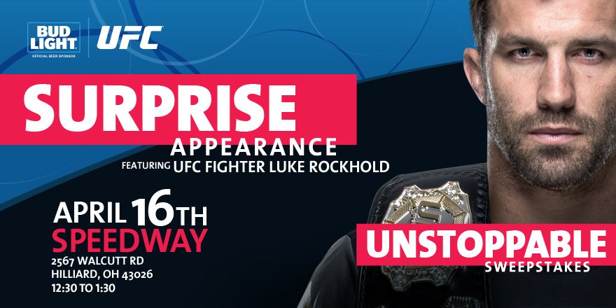 Speedway's tweet photo. Hey Columbus: Are you ready to meet UFC Fighter @LukeRockhold? Join us from 12:30-1:30 tomorrow! #UnstoppableSweeps https://t.co/J2X7EvnoR3