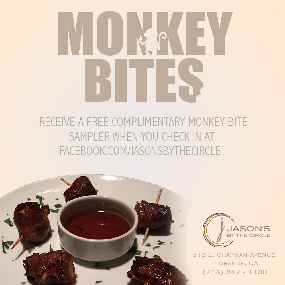 JBTCOrange's tweet photo. Don't miss your chance to try our POPULAR #MonkeyBites... for #FREE after you check in at #JasonsByTheCircle on FB! https://t.co/JgL3KZUvQ0