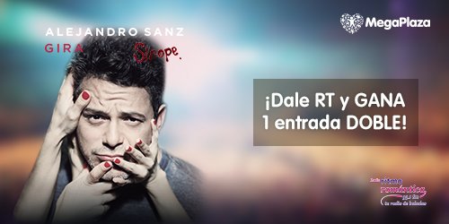CC_MegaPlaza's tweet photo. ¡No dejes de participar, esta entrada DOBLE puede ser tuya! Síguenos y dale RT con el HT #MegaLover @AlejandroSanz https://t.co/YGQOwSyQmh