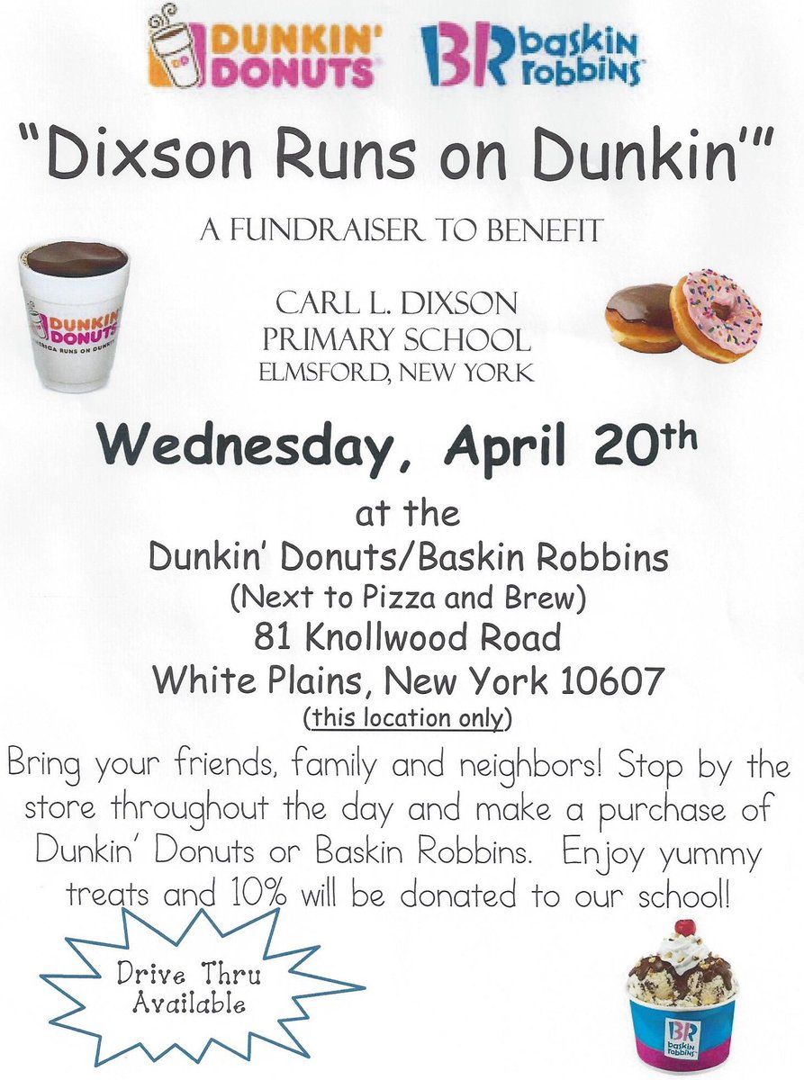 Elmsford UFSD (@eufsd) on Twitter photo Do you like donuts or coffee? Or everyone loves ice cream...
April 20, support <a href="/dixsonschool/">Carl L. Dixson</a> at WP Dunkin Donuts Do you like donuts or coffee? Or everyone loves ice cream...
April 20, support <a href="/dixsonschool/">Carl L. Dixson</a> at WP Dunkin Donuts