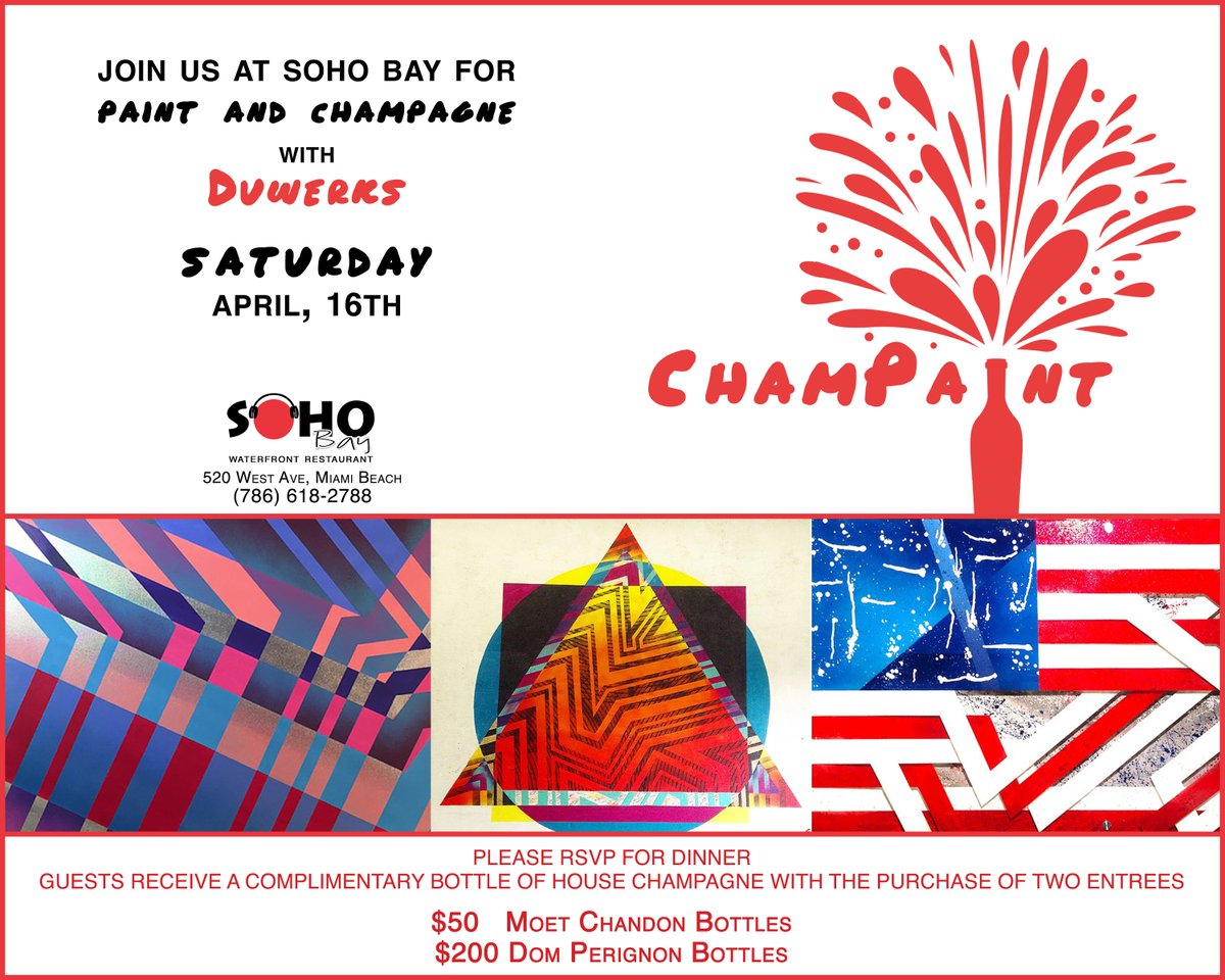 SOHOBay's tweet photo. A little bit of bubbly coupled with delightful artwork by @duwerks

Join us at SOHO Bay for #CHAMPAINT! https://t.co/zrsiPbl5i4