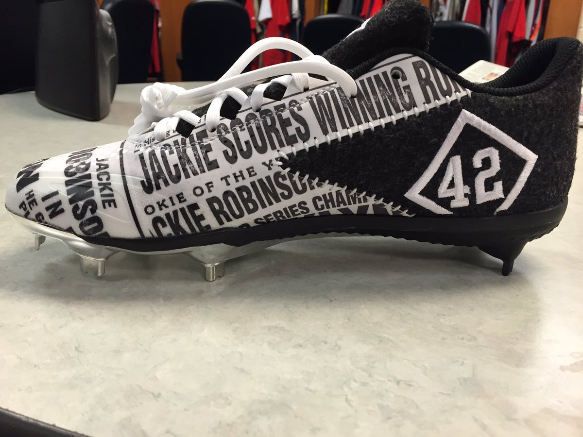 Nationals's tweet photo. #Nats OF Ben Revere has got The Man on his mind -- and on his feet! #JackieRobinsonDay https://t.co/hxRiZoBFAe