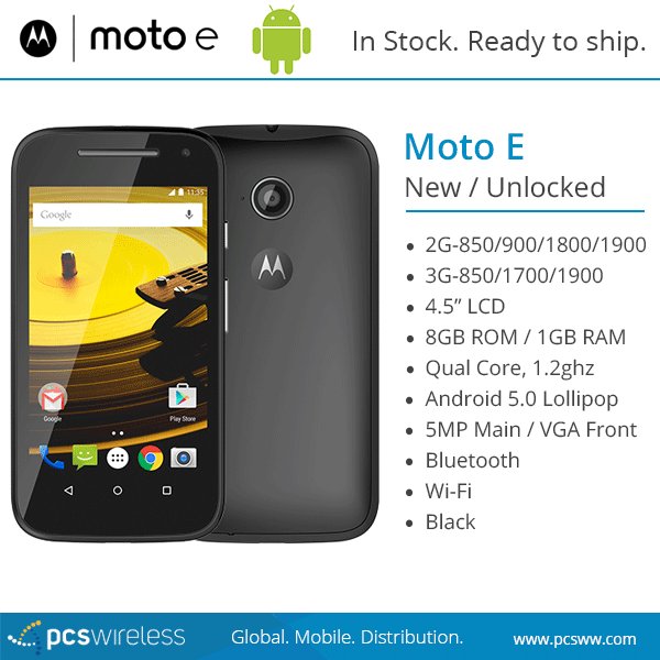 PCSWireless's tweet image. #Motorola Moto E  New/Unlocked. #Android 5.0 #lollipop - 8GB ROM - 4.5" More products here: bit.ly/1CBfrz