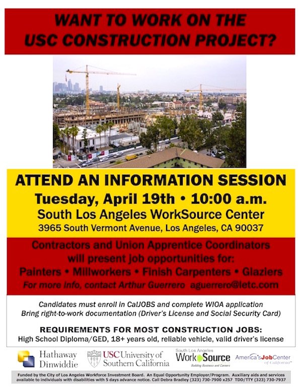 JanPerry's tweet photo. Want to #WORK on the @USC #construction project? Info session April 19
@ South LA #WorkSourceCenter #Jobs https://t.co/MRMEyQ4dkX