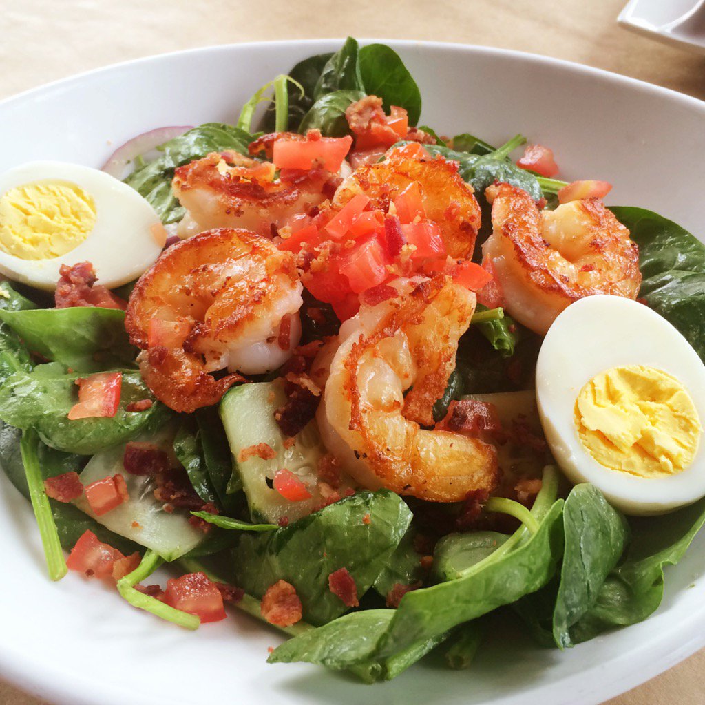In the mood for salad? Spinach salad w/ grilled gulf shrimp. Tomato, cucumber, egg &amp; bacon w/ a citrus vinaigrette.