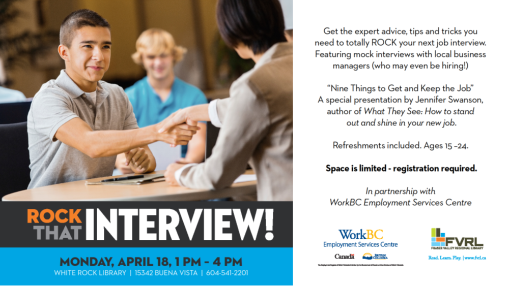 WorkBCSurreyN's tweet photo. FREE youth Workshop! #WorkBCWhiteRock is hosting the #RockthatInterview April 18th @ 1 - 4pm at White Rock Library. https://t.co/8S0oWG05Pe