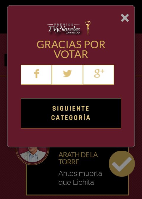 FansArathDLT's tweet photo. Ya voté por ArathdelaTorre a Mejor Actor Protagónico. ¡Tú también decide quién ganará! #PremiosTVyNovelas2016 https://t.co/Y275dtUDU6