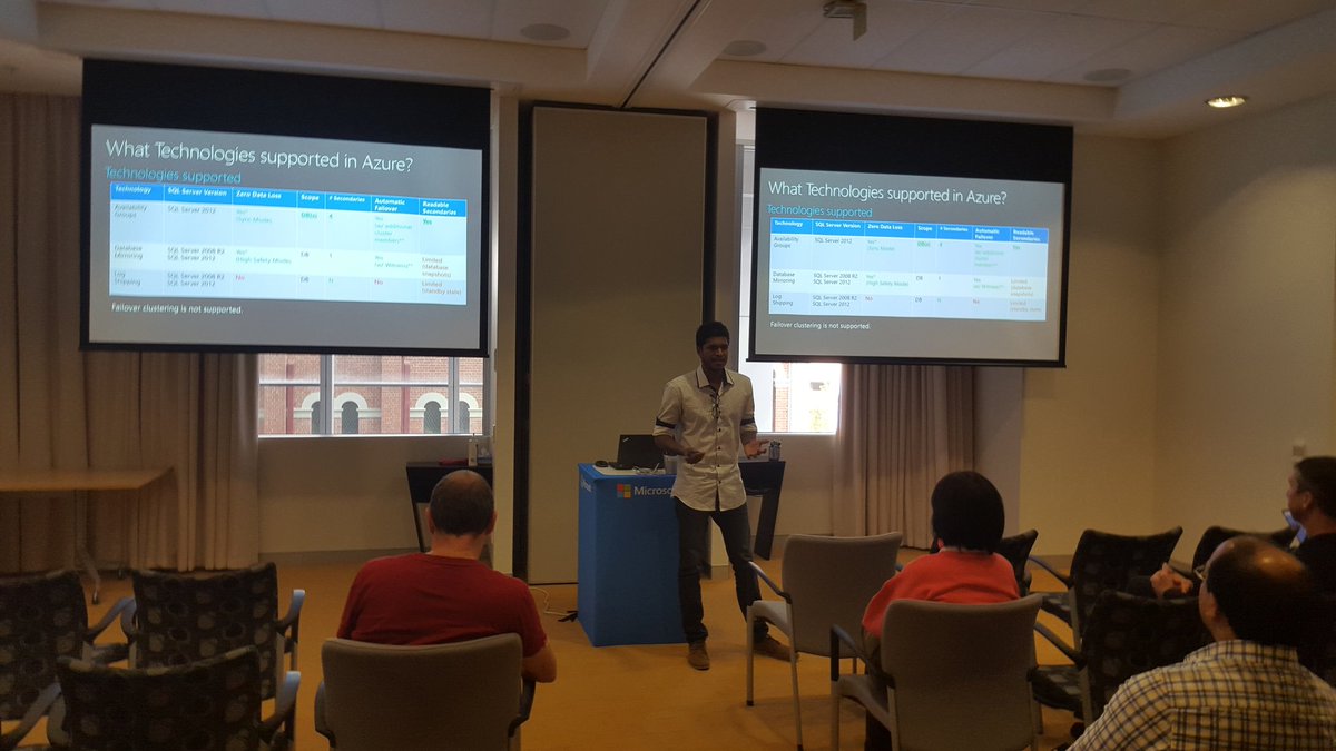 PerthMSCloud's tweet photo. It's @sameera_man 's turn to talk SQL HA/DR in #Azure at @PerthMSCloud #GlobalAzure bootcamp https://t.co/c0Ue9CSEpa