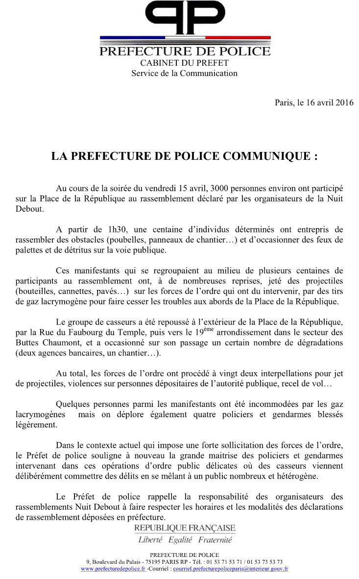 Mdp_DSIN's tweet photo. RT @prefpolice: [Communiqué] Incidents en marge du rassemblement #NuitDebout https://t.co/0kKQSAZgGW