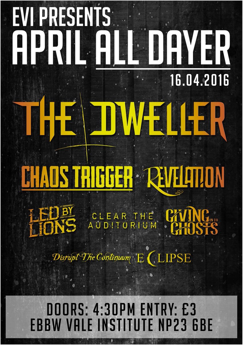 Last call for this show tonight. <a href="/TheDwellerUK/">The Dweller</a>, <a href="/LedByLionsmusic/">Led By Lions</a>, <a href="/CTABandUK/">Clear The Auditorium</a>, <a href="/GivingIn2Ghosts/">Giving In To Ghosts</a>. #heavy #music #live