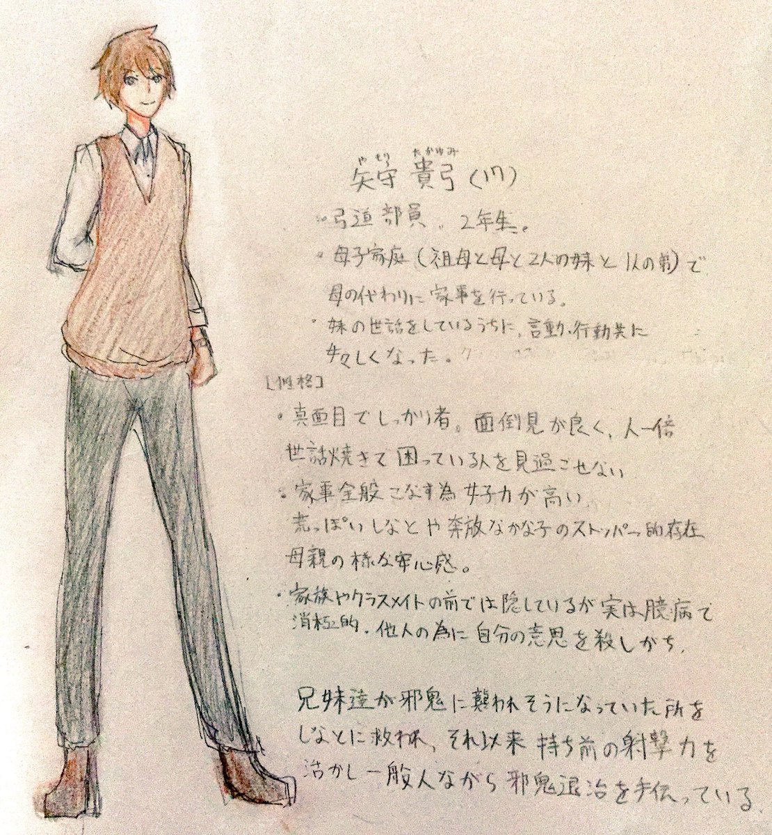 orange_pen_mrm2's tweet photo. やっとキャラ設定出来ました！わかりにくいあらすじは下にあります。神様の力が込められた武器を使って怪物と戦う使い古された少年漫画のような話です！！
主にこの創作でやっていってます！ https://t.co/uw3YGBu2q6