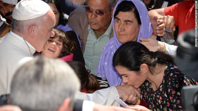 cnnbrk's tweet image. Pope will take 3 migrant families from Greek island of Lesbos back to Rome, Holy See says. cnn.it/23E3DPj