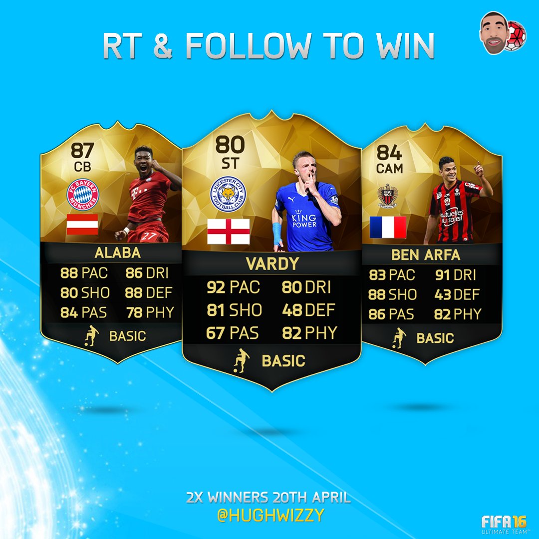 hughwizzy's tweet photo. GIVEAWAY: RT/Follow to win @vardy7, @David_Alaba or Ben Arfa. Winners on 20th April. Thanks to @EASPORTSFIFA! #TOTW https://t.co/Xe0eZxbLzB